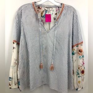 Medium JOHNNY WAS White/Navy Stripe Floral Blouse